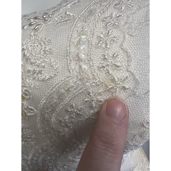 Vintage 90s Wedding Gown Dress Lace Chiffon Beaded Sequin Elegant V- Neck Sz 18 - Picture 5 of 16